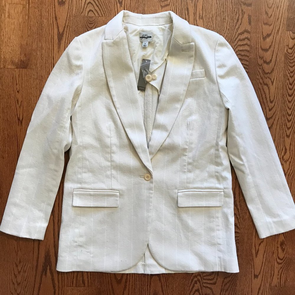 NWT JCrew Alfie Blazer Jacket Womens 4 Tan Natural Denim Stripe Cotton BA437 NEW - Picture 2 of 12
